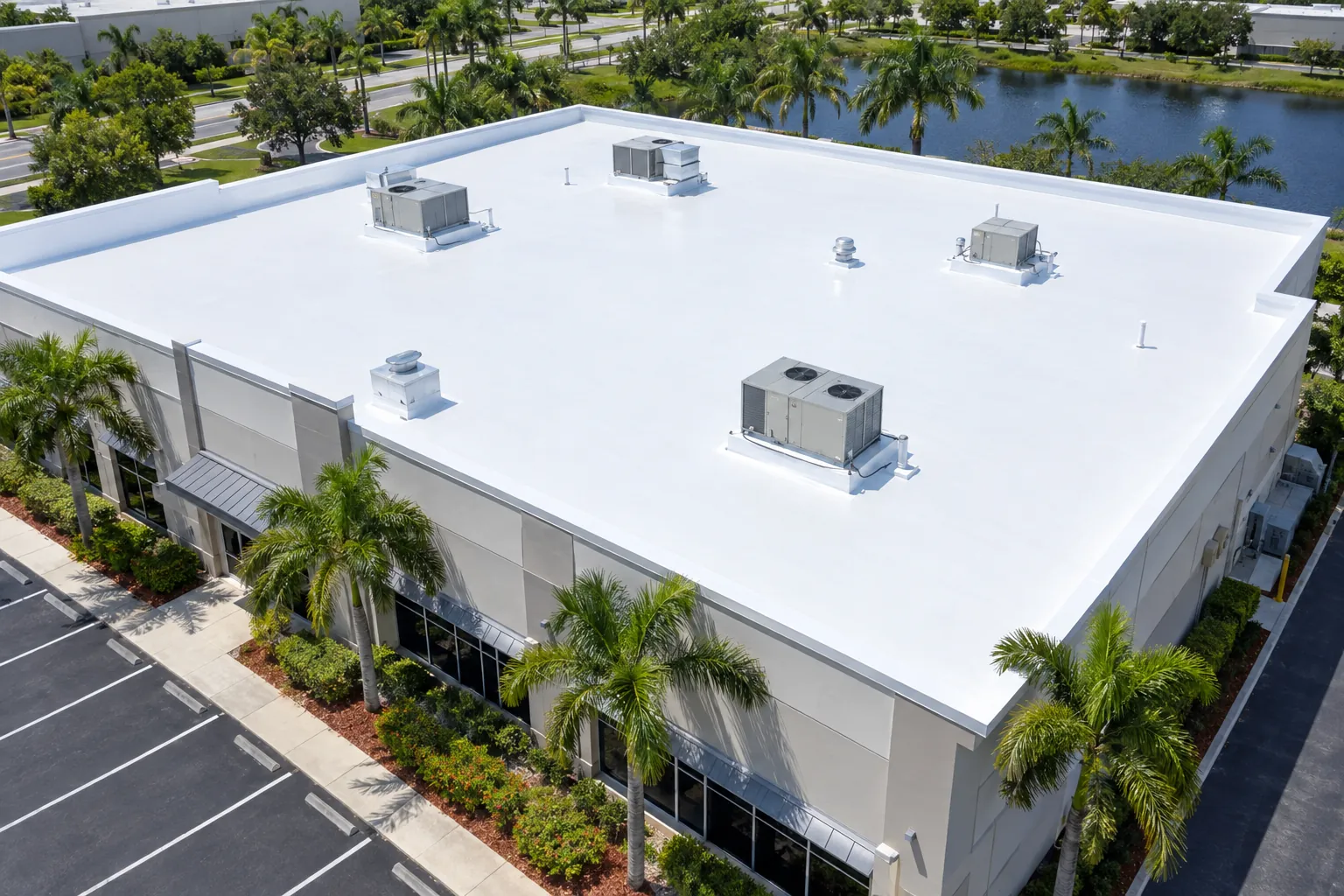 Aerial view of a Florida commercial building with a fresh white silicone roof coating restoration