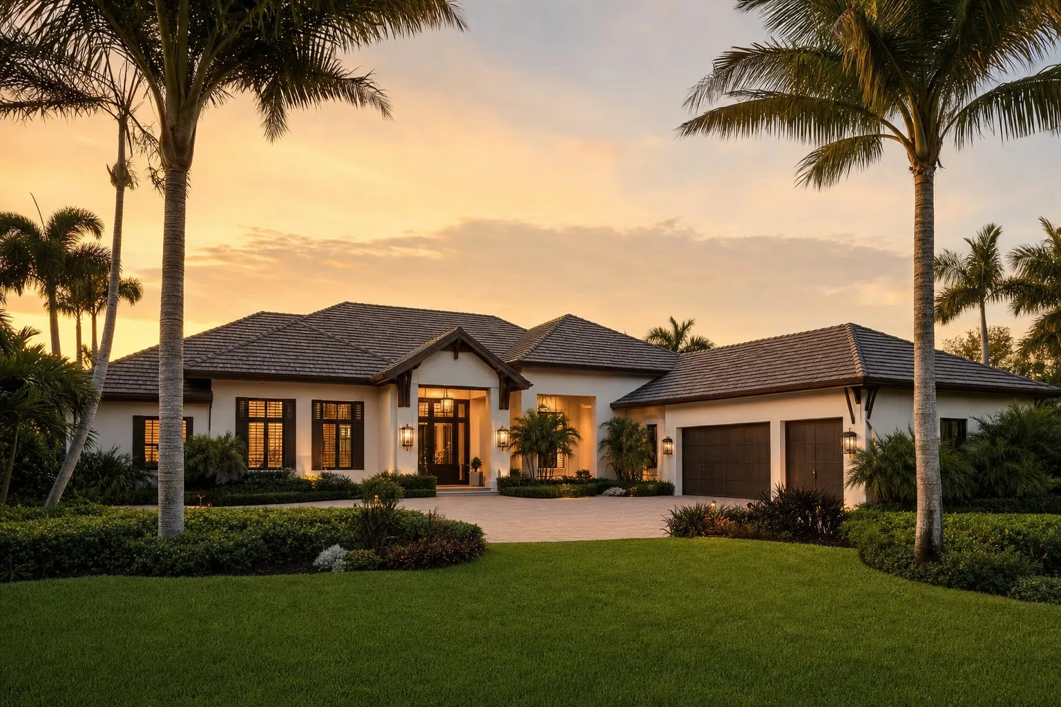 Florida home with a new architectural shingle roof framed by palm trees