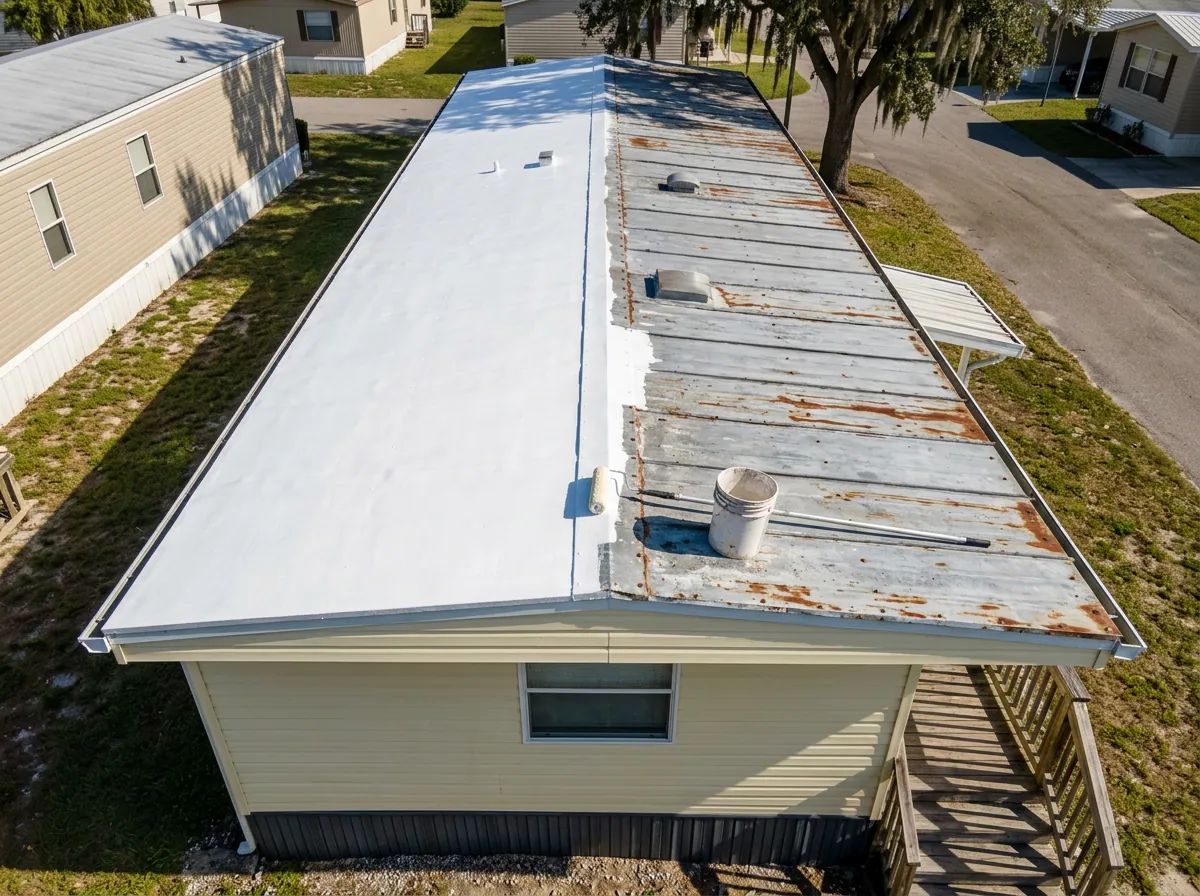 Mobile home metal roof halfway through a white roof coating