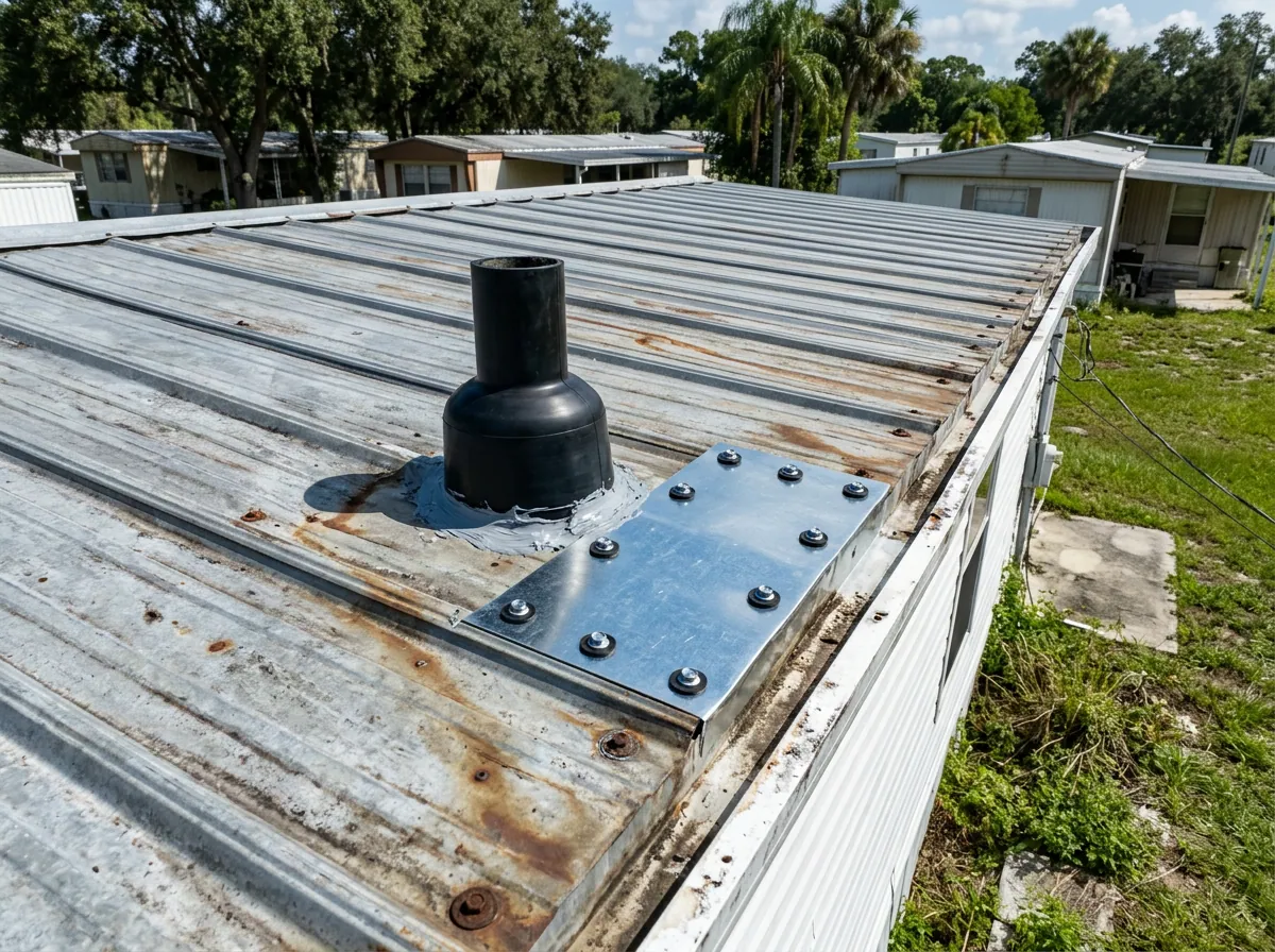 Repaired vent and seam on a mobile home metal roof