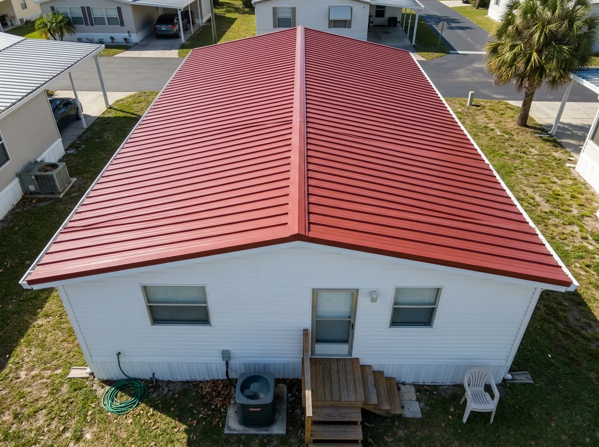 Mobile home with a new red metal roof