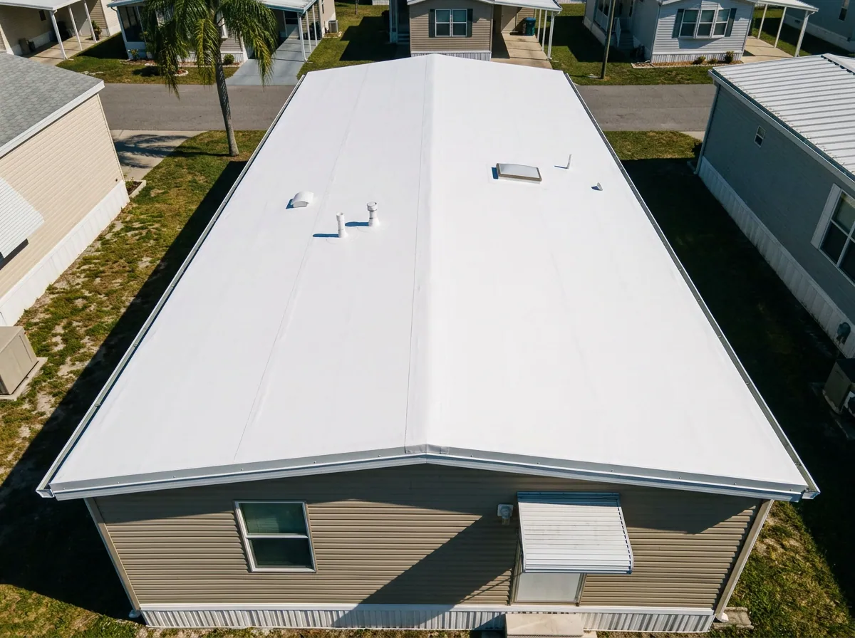 Mobile home with a new white TPO flat roof