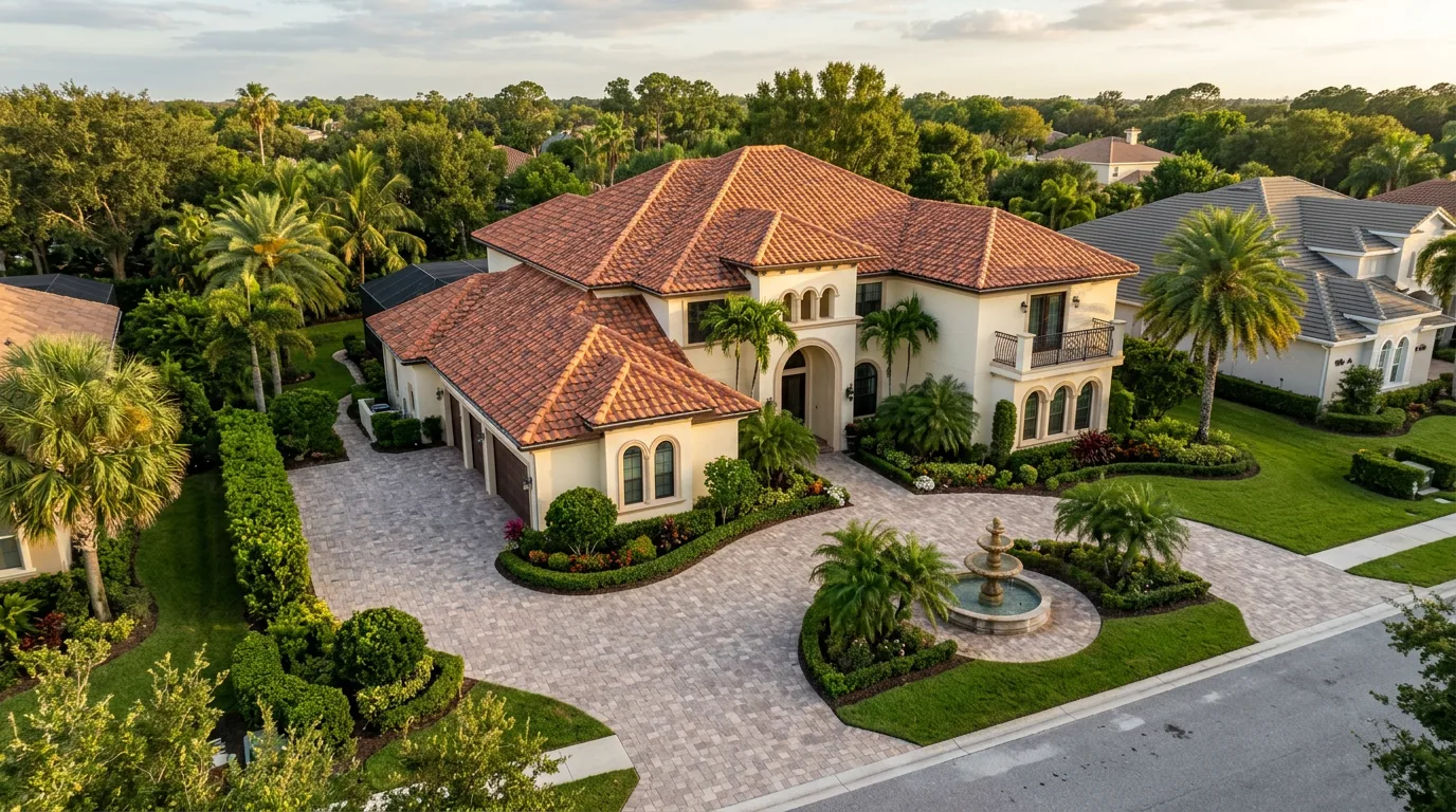 Florida Mediterranean-style two-story home with a warm terracotta clay barrel tile roof
