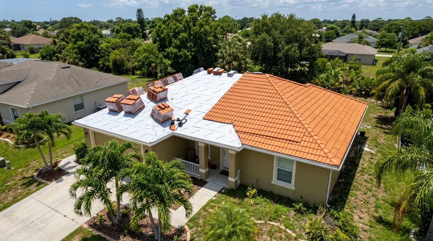 Aerial view of a Florida home mid-tile-installation with half fresh terracotta clay barrel tile and half exposed underlayment