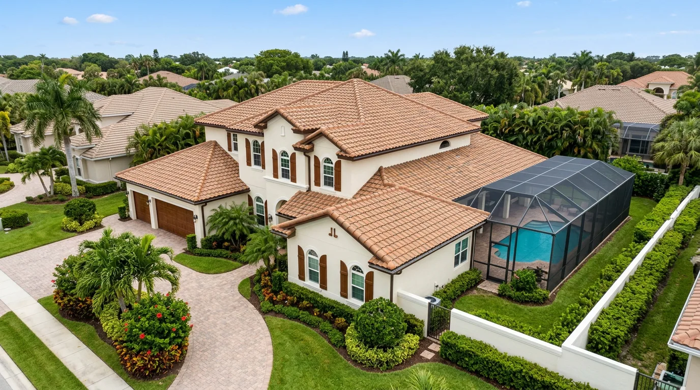 Florida Mediterranean two-story home with a warm brown-blend concrete S-tile roof and screened pool cage