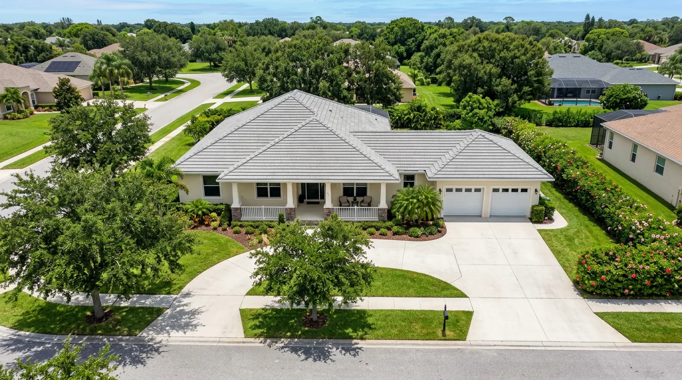 Florida ranch-style single-story home with a weathered-gray flat concrete tile roof