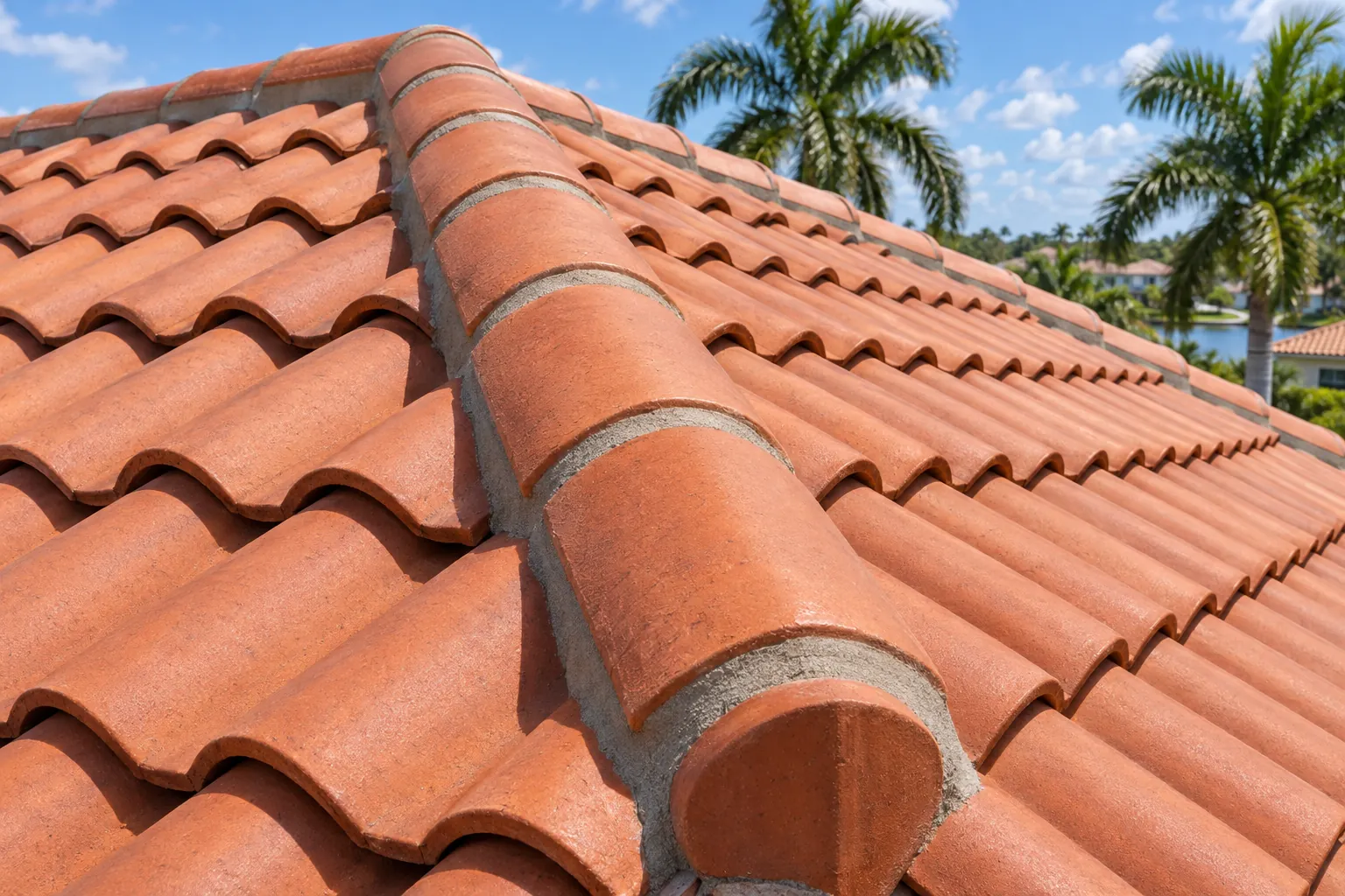 Close-up of a terracotta clay barrel S-tile ridge cap with fresh mortar work