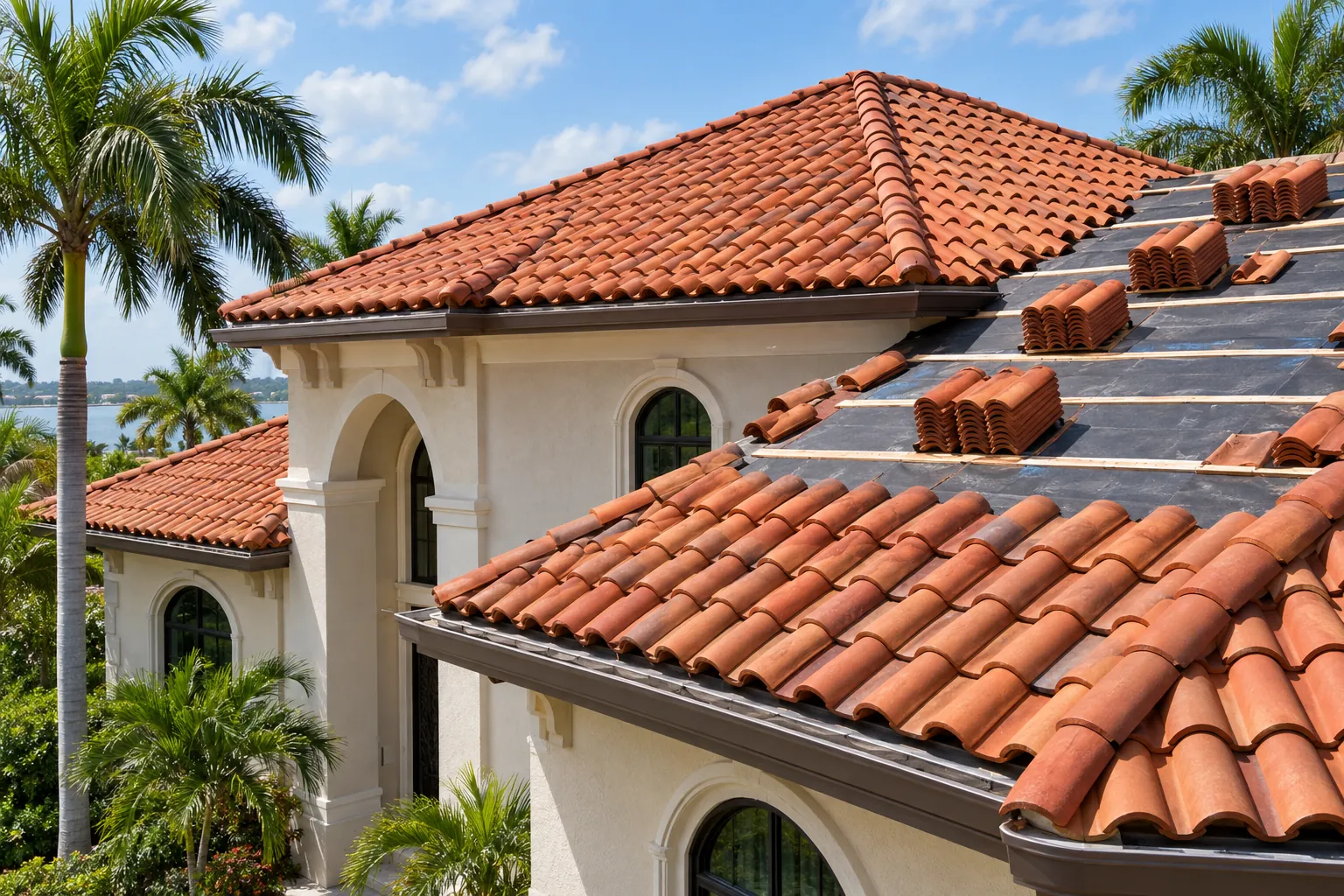 Mid-installation clay barrel tile roof with underlayment exposed and staged tiles ready for install