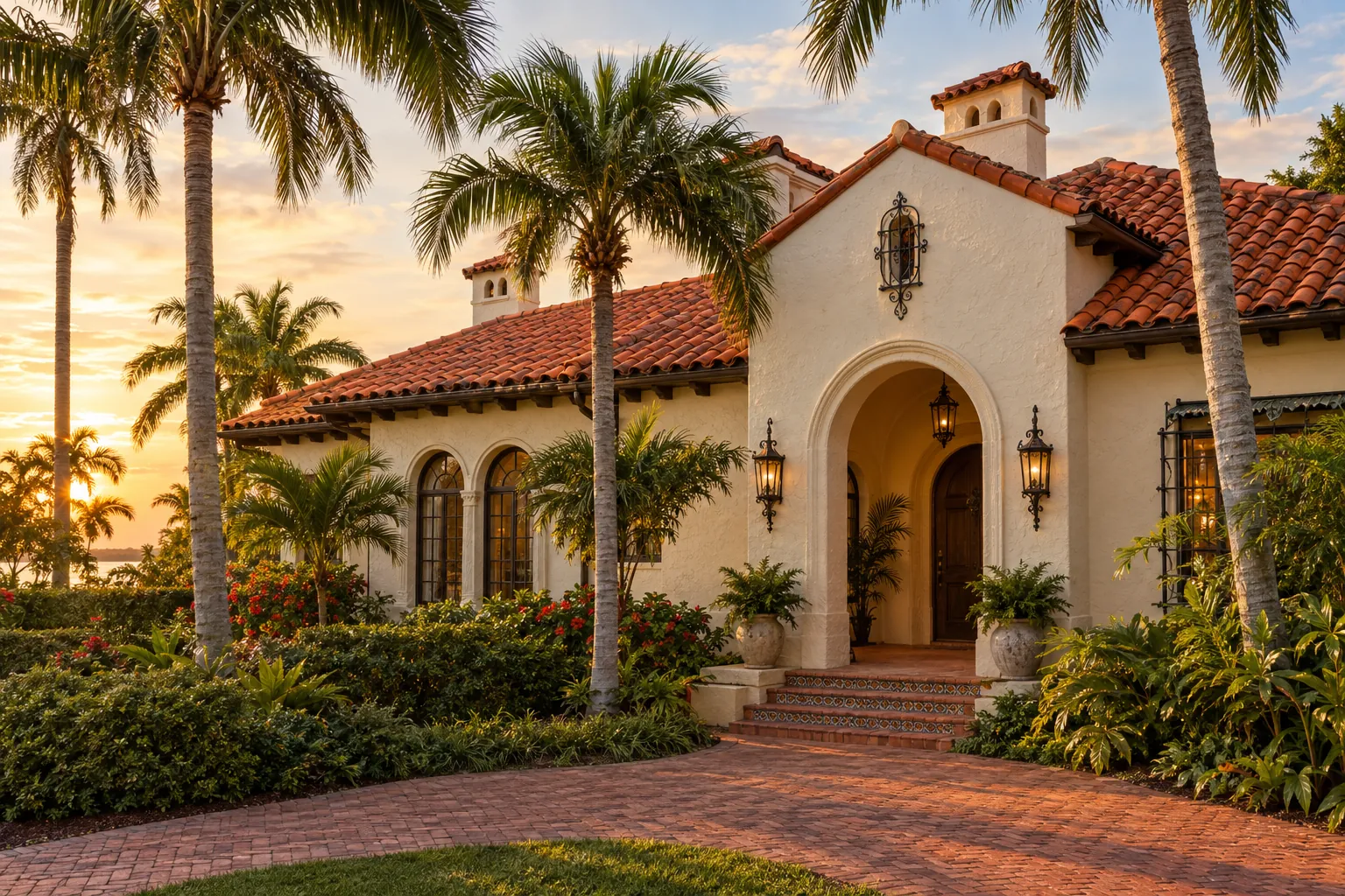Florida Spanish colonial home with a deep red-orange clay S-tile roof at golden hour