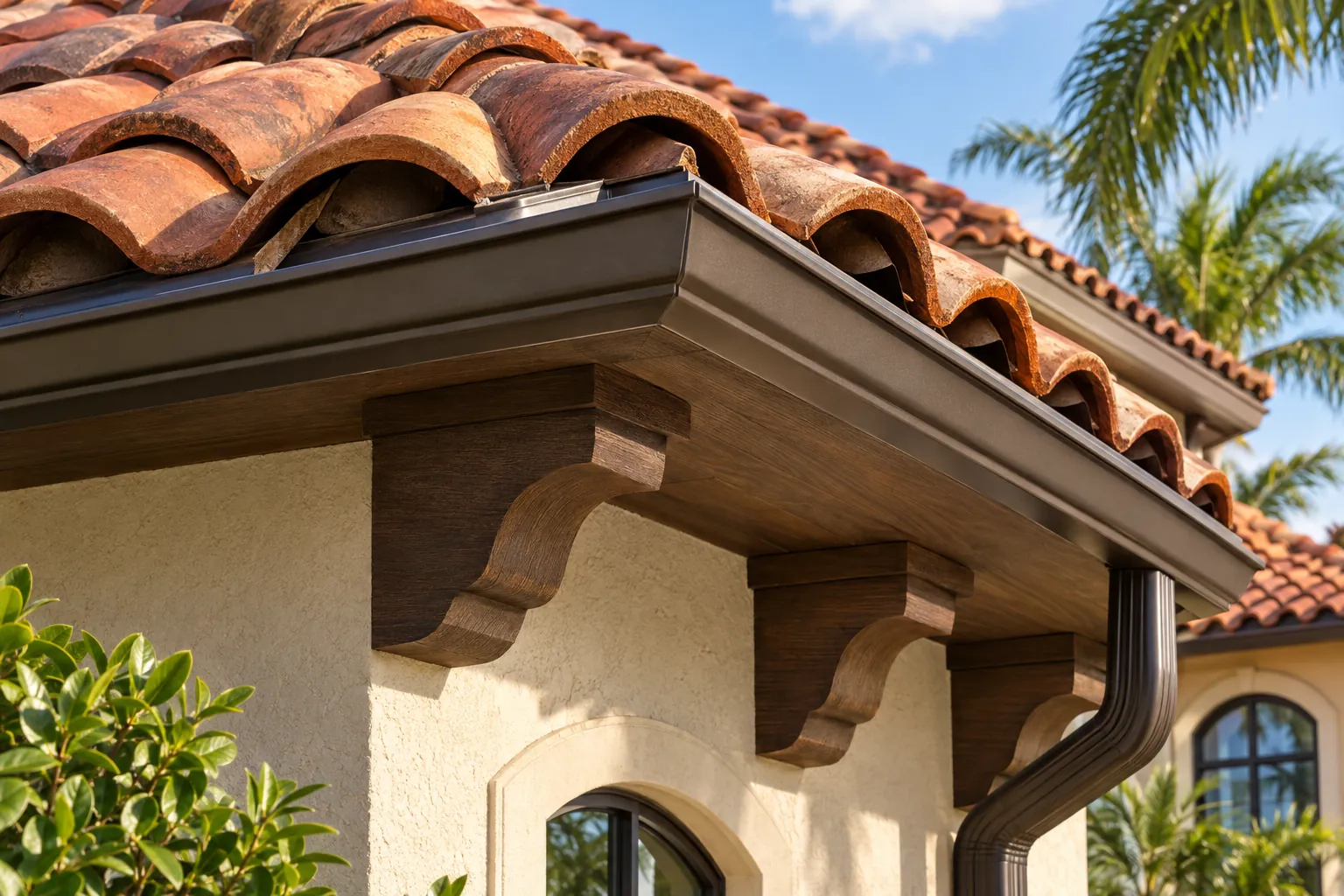 Close-up detail of a terracotta clay barrel tile eave with wood corbels and dark bronze gutter