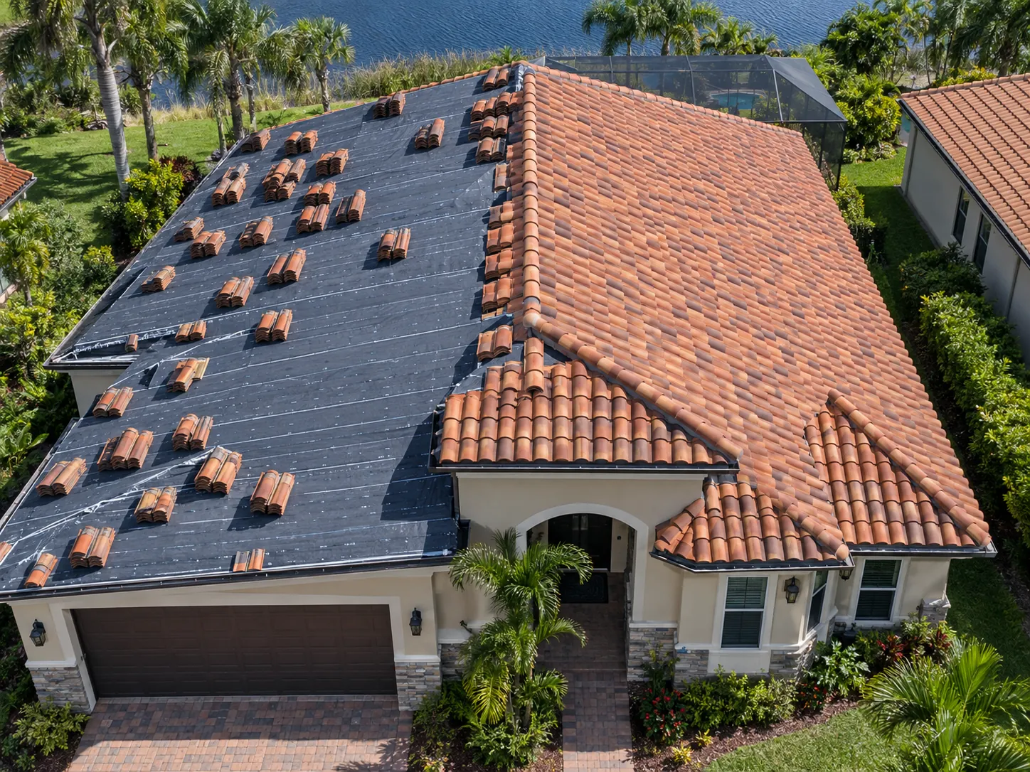 Aerial view of a tile lift-and-reset project with fresh underlayment and staged clay tiles