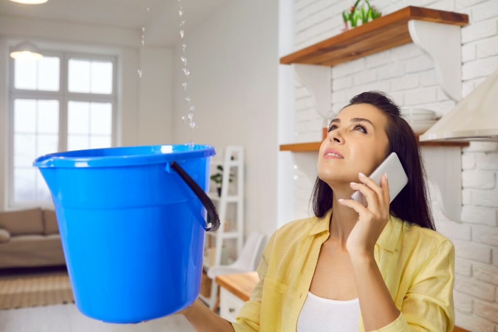 a woman holding a bucket under a leaking ceiling