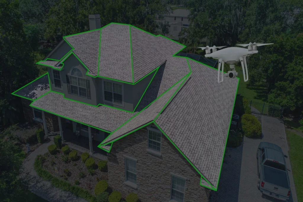 A drone conducting a roof inspection flies above a house, with a visible green line marking its path.