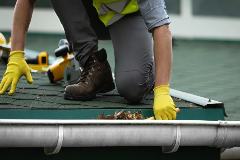 A male worker is clearing a roof gutter clogged with dirt in Lakeland