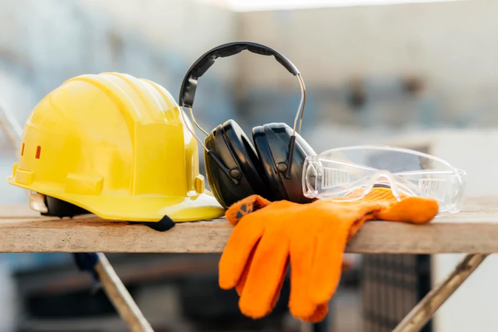A front view of roofing tools, including safety glasses, a hard hat, and headphones