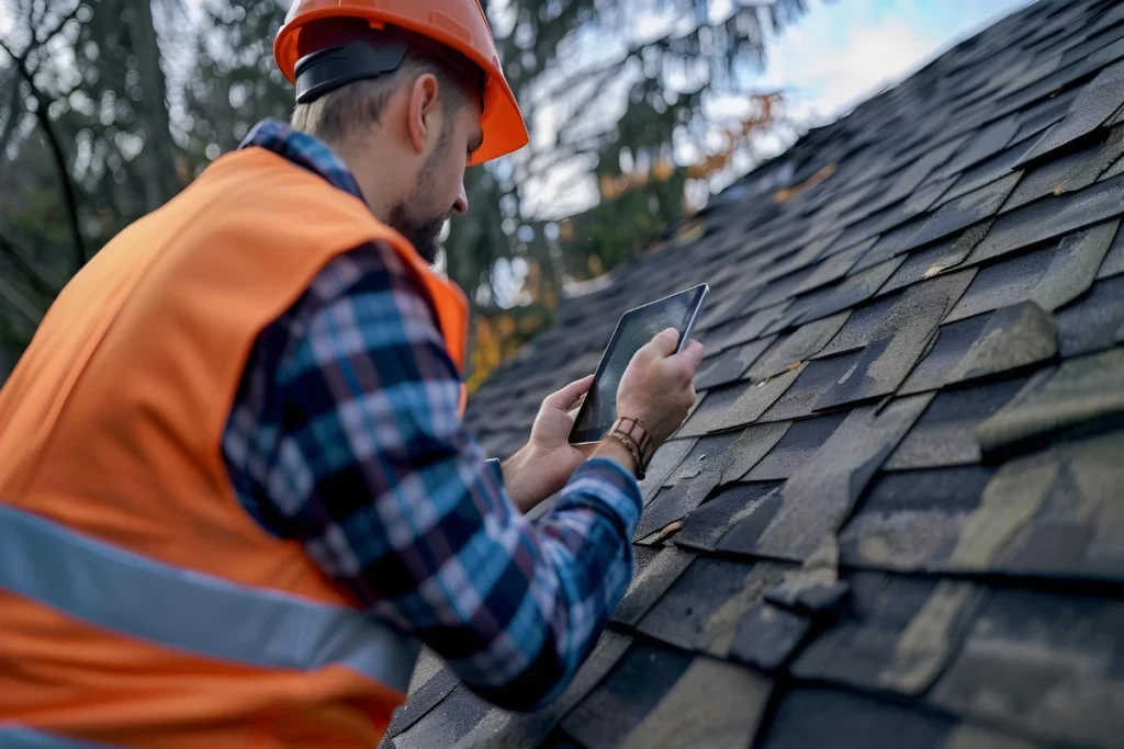 A man in an orange vest and hard hat uses a tablet on a roof for Regular Roof Inspections.