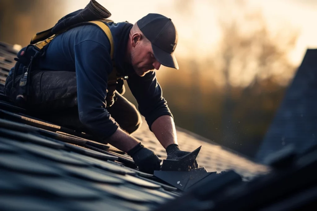 Handyman repairing roof bokeh style backgroundv
