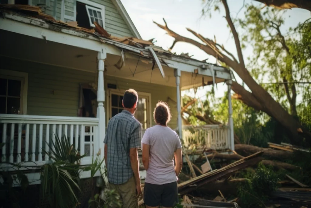 Couple stands by their damaged home with a fallen tree on the roof