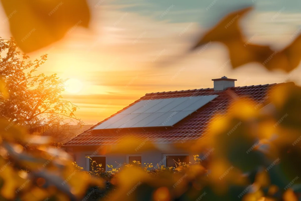 Solar panels installed on a house, illuminated by the warm hues of sunset, highlighting the importance of UV protection for roofs.