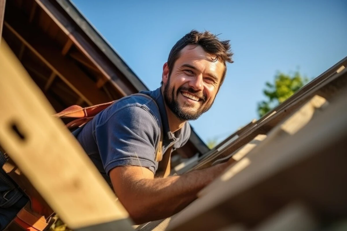 A man with a hard hat on sitting on a construction site