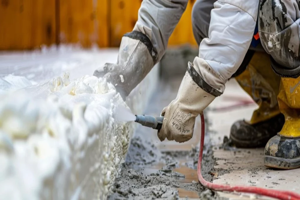 builder applying spray foam insulation foundation commercial building energy efficiency large