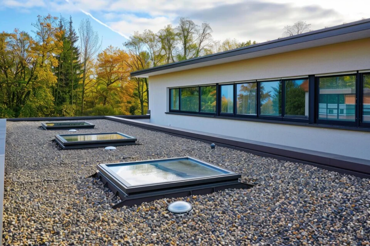 Commercial Roofing with Gravel Flat Roof and Skylight Window for Building Insulation