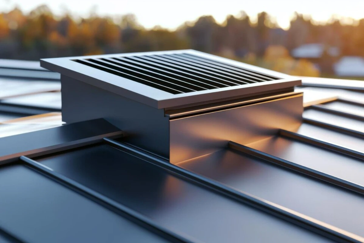closeup metal roof vent designed ventilation showcasing sleek lines modern aesthetic against blurred natural background