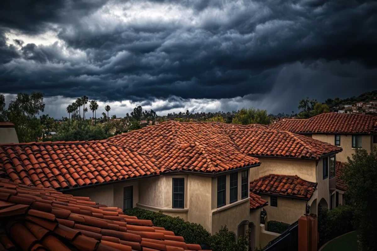A house with a red roof and a dark sky with a storm cloud above it