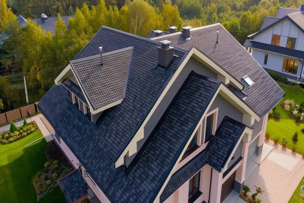 A house with a Sloped roof that has a house on the top of it