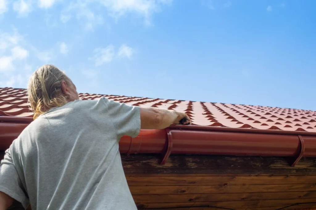 A man cleans the gutter of a drainpipe from dry leaves and debris Prevention of congestion and breakage of the gutter drain
