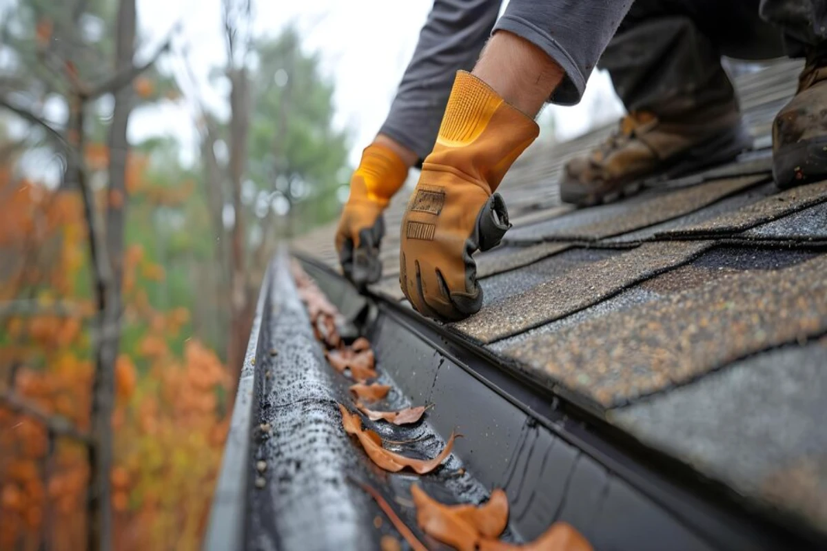 Roof Worker Installing Gutters Concept Roof installation Gutter installation Construction worker Home improvement Renovation process