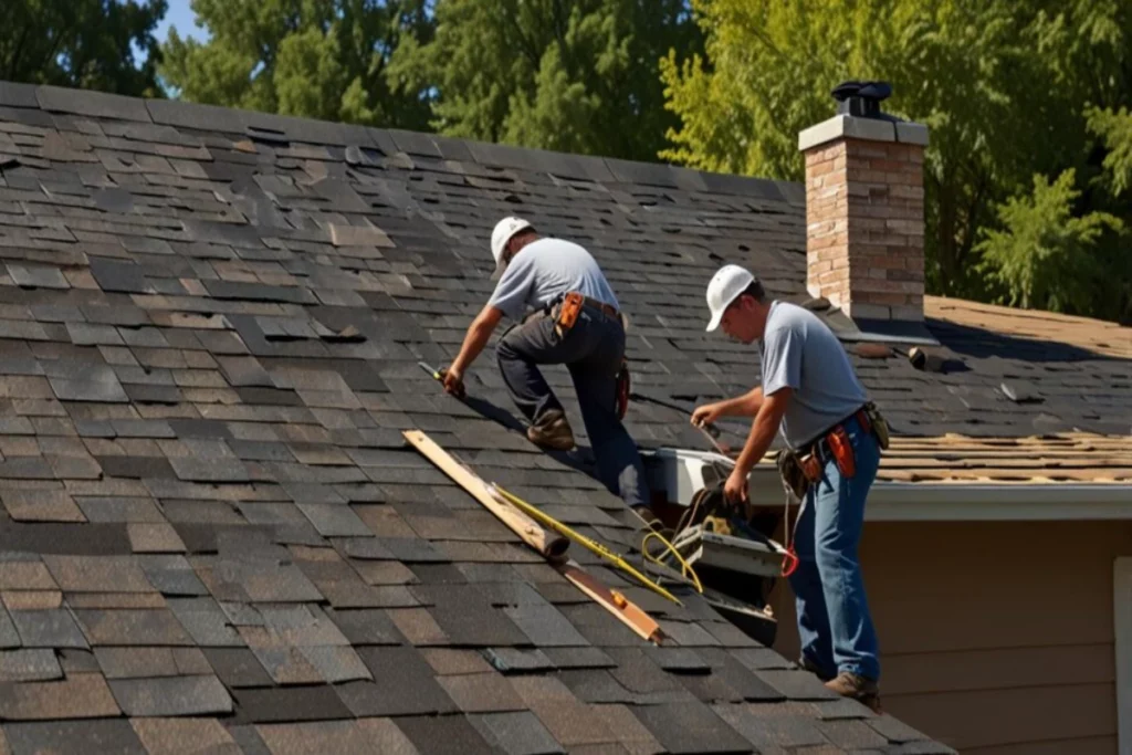 A team of roofers applying shingles to a residential roof
