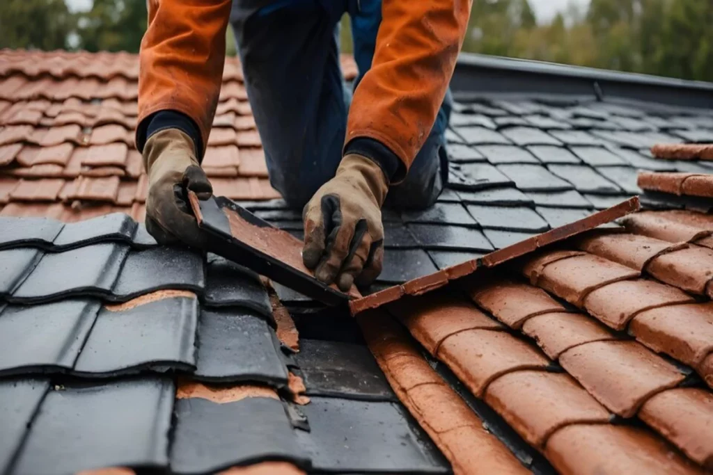A view of a worker laying roof tiles on a buildings roof