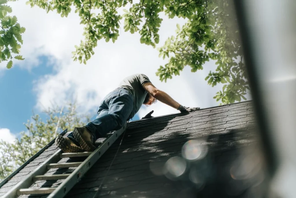 A man on a ladder checking for signs of roof trouble