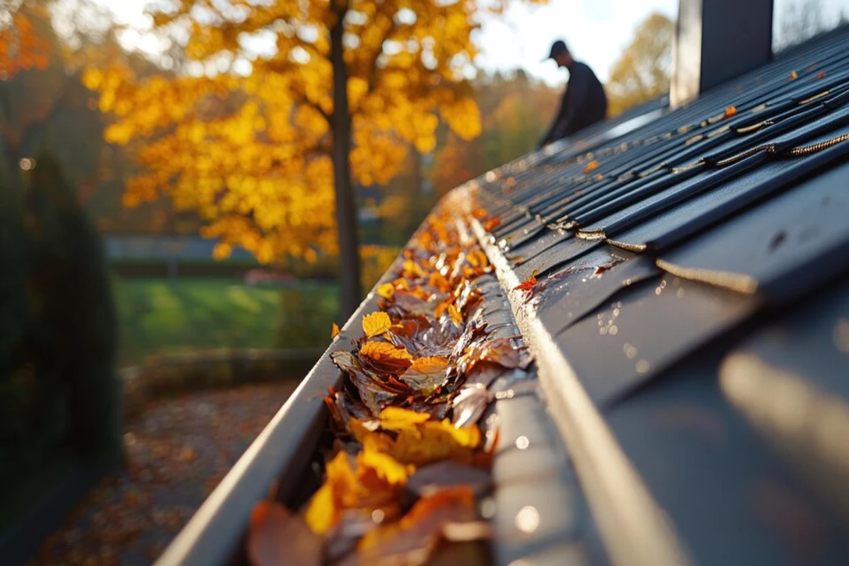 clearing leaves from metal roof