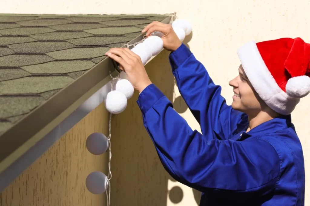 man santa hat decorating facade house with garland christmas