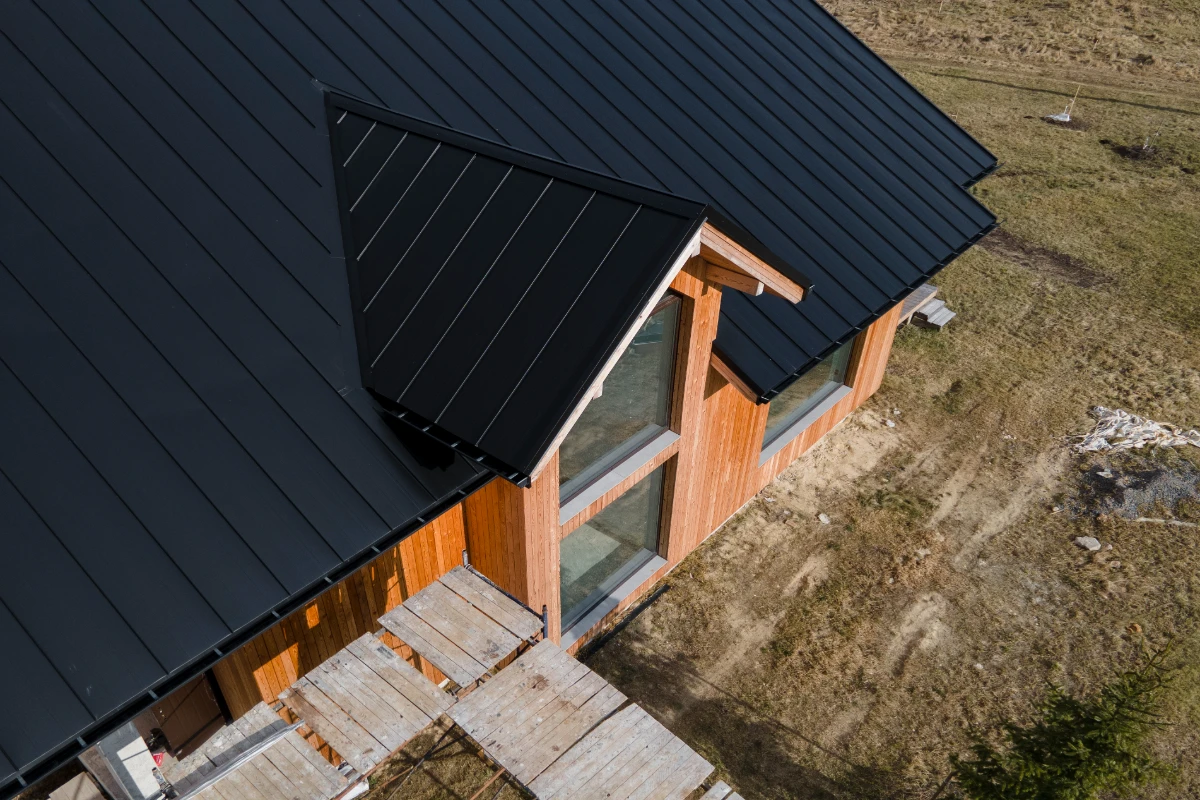 High angle beautiful wooden house with new roof