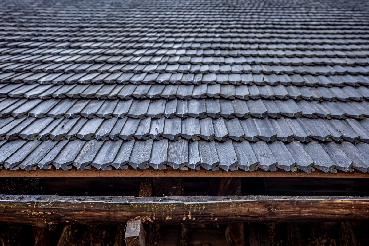Closeup the roof of a house made of wooden tiles