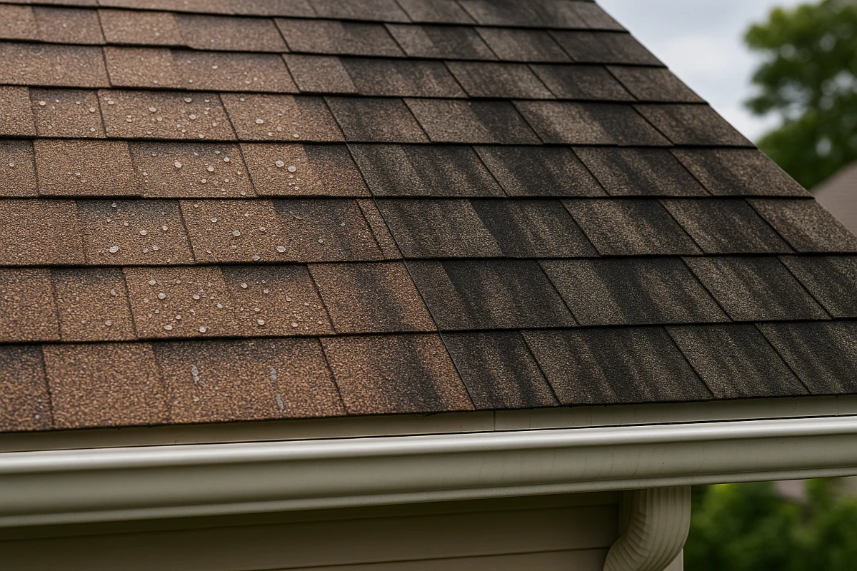 Close-up of asphalt shingles showing a clean, algae-resistant section with water droplets beside shingles stained with black streaks above a gutter