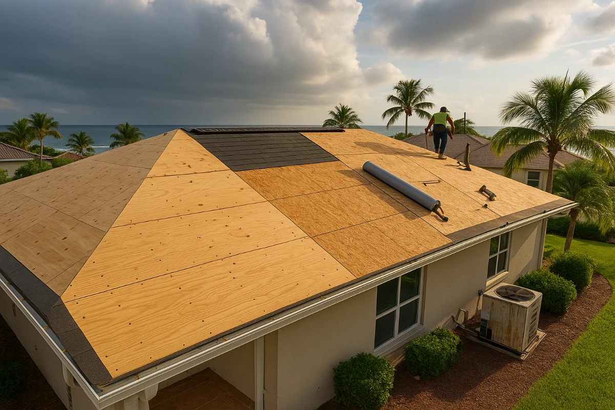 Roofer installing OSB and plywood panels on a coastal home roof.