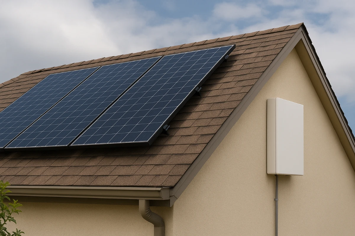 A house roof with solar panels and a mounted battery storage unit under a partly cloudy sky